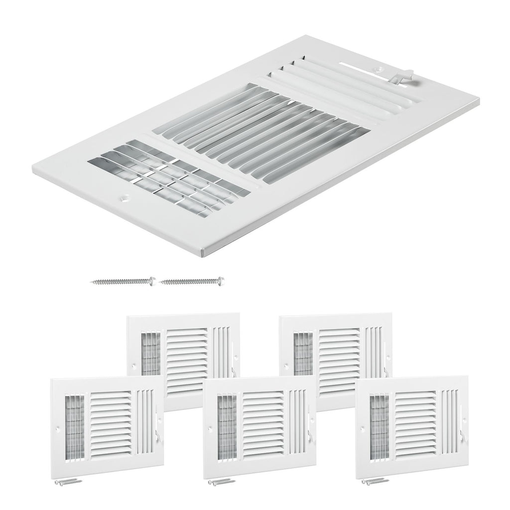 6 x 10 Inch Floor Registers, 6-Pack Floor Vents, HVAC 3-Direction Iron Vent Grilles for Home/Office Wall & Ceiling, Rustproof Anti-Peeling Air Vents Deflector Adjustable with Metal Damper, White