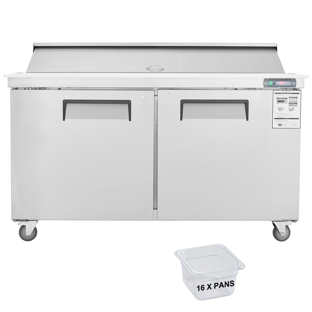 60" Commercial Refrigerator Sandwich & Salad Prep Table, 16.4 Cu. Ft Stainless Steel Refrigerated Food Prep Station with 16 Pans, Cut Board, Frost Free Refrigerator with Lock for Restaurant