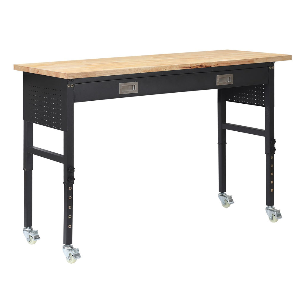 60-inch Adjustable Workbench, 1500 lbs Load Capacity, Garage Workbench with Drawer, Power Outlet, Wheels, and Pegboard, Heavy Duty Oak Wood Top Work Table for Garage, Workshop, Office, and Home