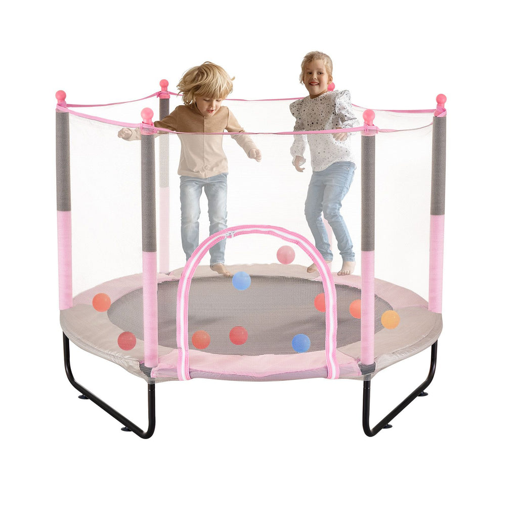 60" Kids Trampoline, 5FT Indoor Outdoor Trampoline, Mini Toddler Recreational Trampolinewith Safety Enclosure Net and Basketball Hoop, Birthday Gifts Christmas Toys for 3+ Years Children, Pink