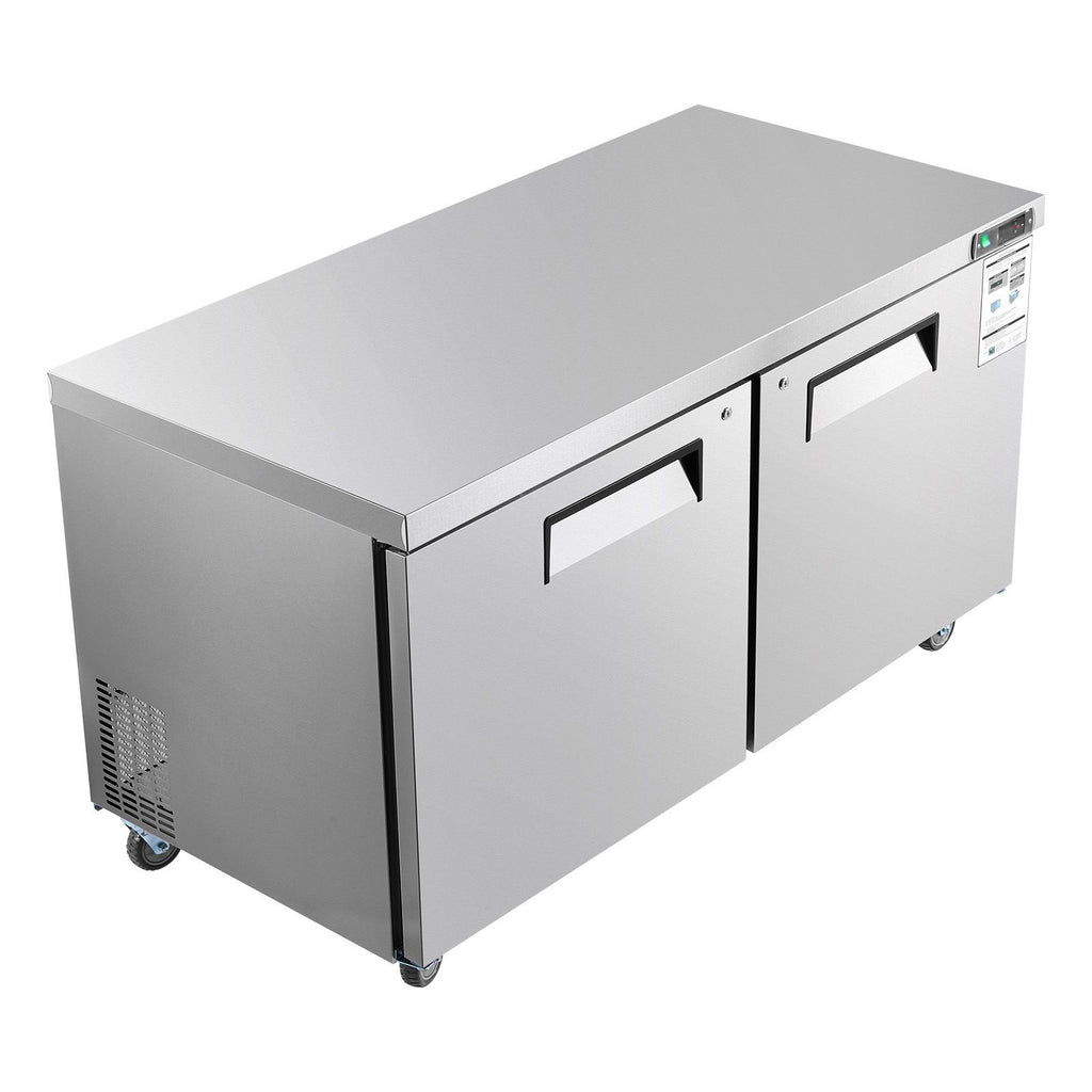60" W Commercial Freezer, 14.8 Cu.Ft Worktop Freezers Undercounter with LED Auto Lighting and Lockable Door, 2 Doors Food Freezing Prep Worktable, Stainless Steel Prep Frozen Table with Casters