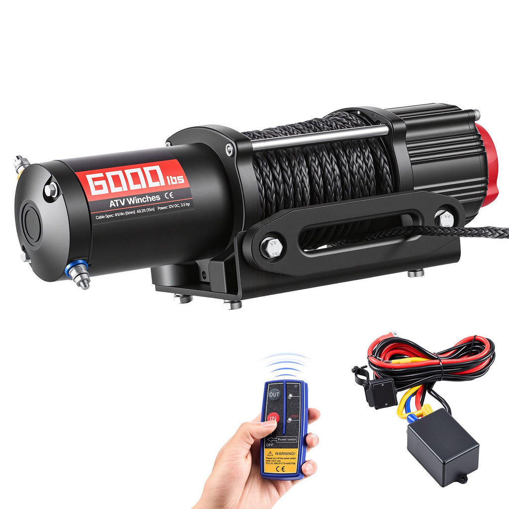 6000 lbs Electric Winch, 12V DC ATV/UTV Winch with Φ0.24 in x 49.2 ft Synthetic Rope, Wireless & Wired Remote Control, IP55 Waterproof, with Fairlead Mount Plate for Towing ATV UTV Off-Road