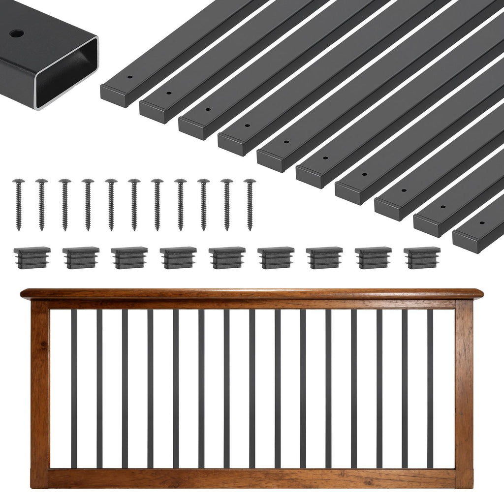 61 Pack Deck Balusters, 36 in Galvanized Steel Railing Spindles, Hollow Rectangle Metal Decking Stair Balusters with Pre-Drilled Hole, End Caps, Screws, for Deck, Porch & Stair Railing, Black