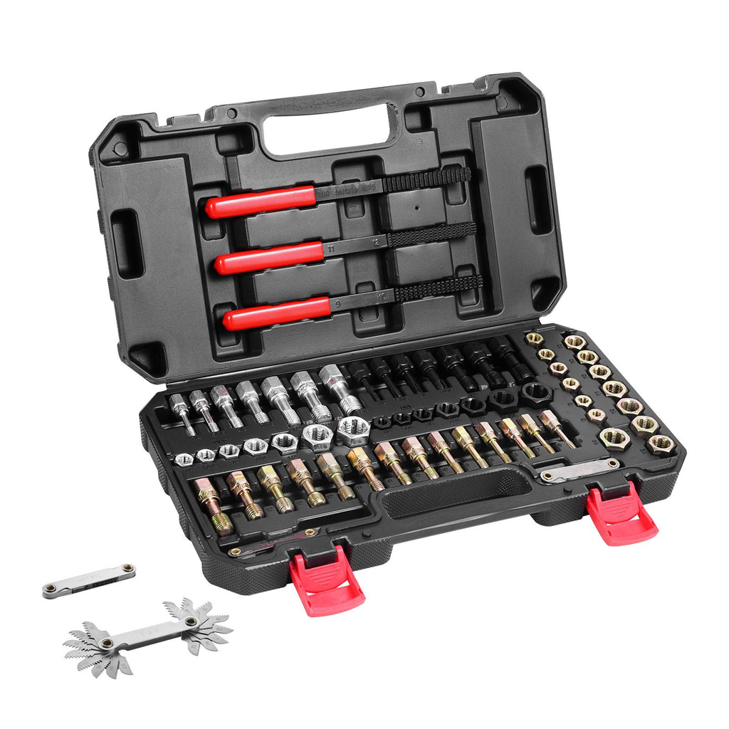 61-Piece Thread Chaser Set, UNC UNF and Metric Thread Restorer Tool, Rethreading Tool Kit with 28 Taps 28 Dies 3 Thread Files Storage Case, Heat Treated Steel, for Mechanics DIY Enthusiasts