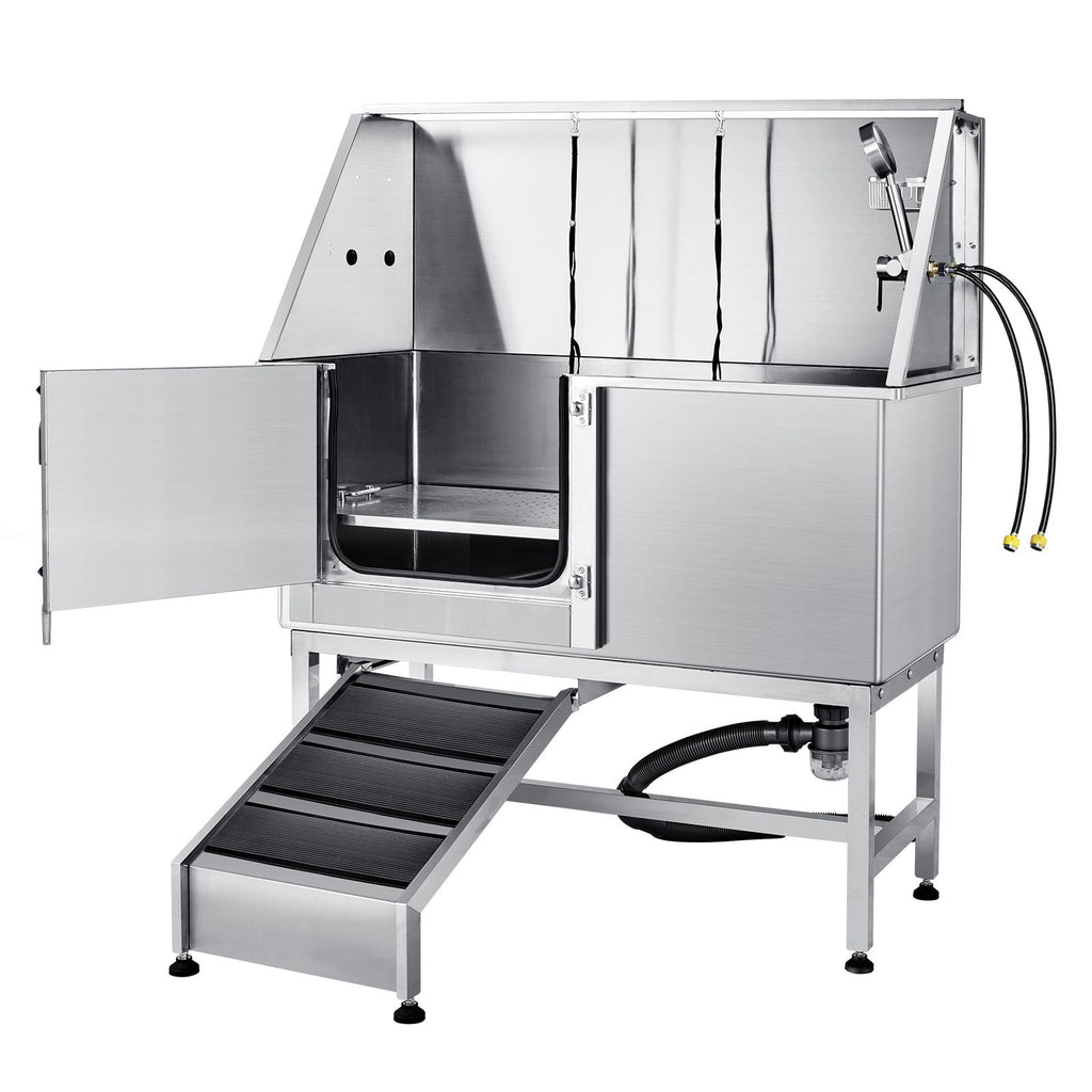 62" Pet Dog Bathing Station w/Ramp, Professional Stainless Steel Dog Grooming Tub w/ Soap Box, Faucet,Rich Accessory,Bathtub for Large,Medium,Small Pet, Washing Sink for Home(Left)