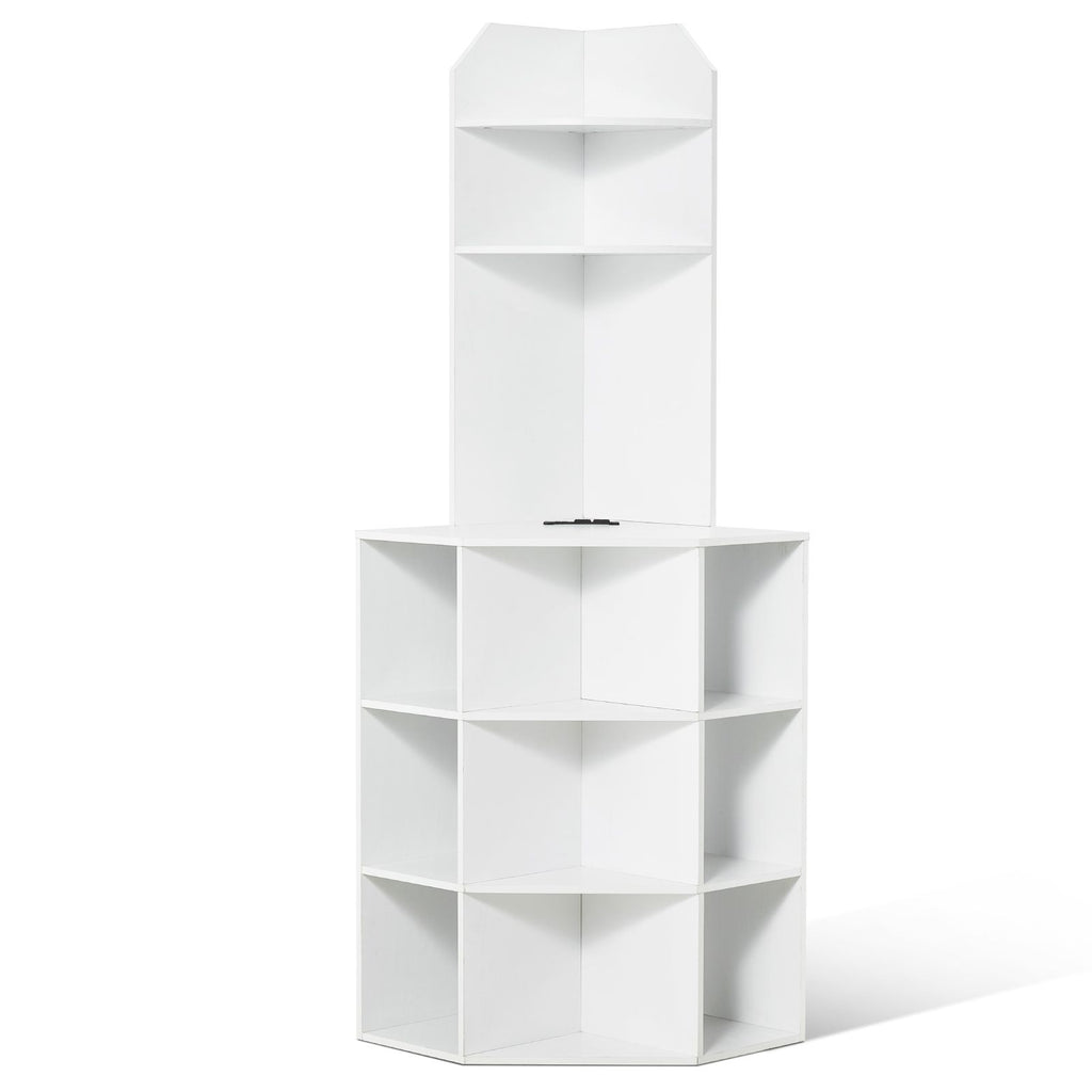 64" Tall Corner Storage Cabinet, 6 Tiers Wooden Storage Cabinet with USB Ports and Outlets & Adjustable Shelves, Freestanding Corner Cabinet for Living Room, Kitchen, Laundry Room, White