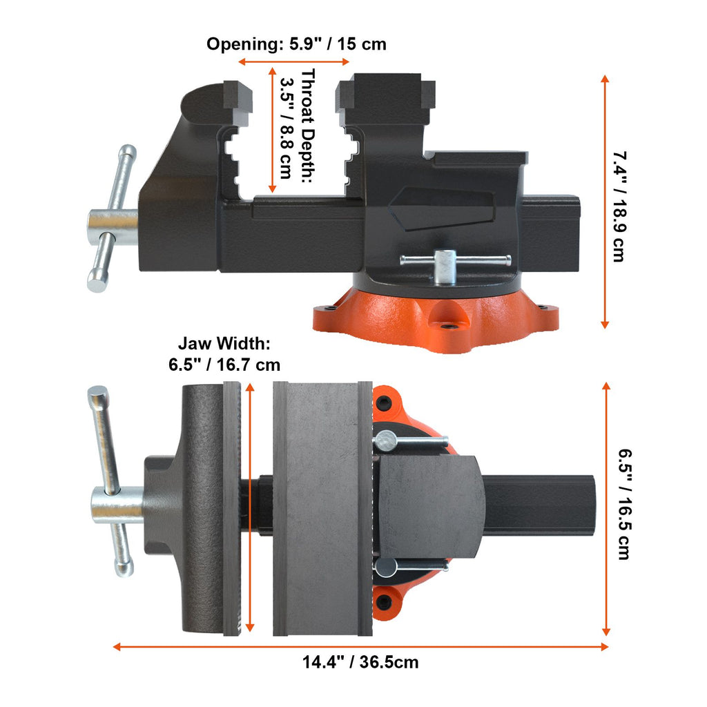 6.5" Bench Vise w/ 360°Swivel Locking Base & Two-way Jaw Ductile Iron