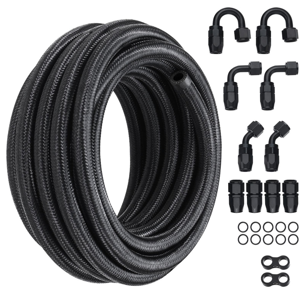 6AN Fuel Line Kit, 20 FT Fuel Hose Kit, 0.34" Nylon Stainless Steel Braided Fuel Line Oil/Gas/Diesel Hose End Fitting Kit, with 12 PCS Swivel Fitting Adapter Kit, Black