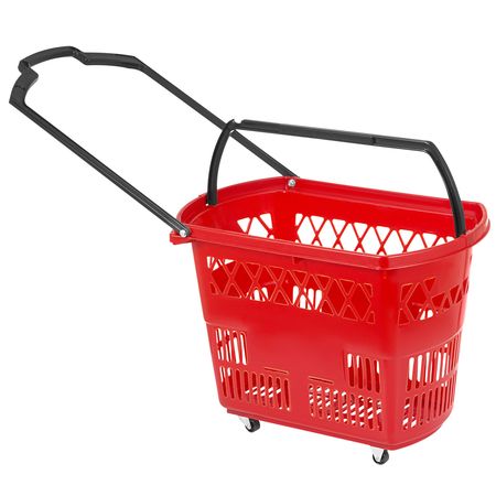 6PCS Shopping Carts, Plastic Rolling Shopping Basket with Wheels, Red Shopping Baskets with Handles, Portable Shopping Basket Set for Retail Store