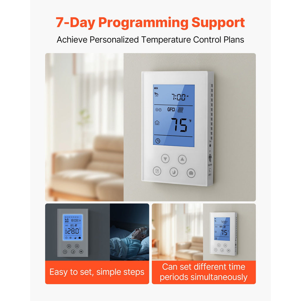 7-Day Programmable Thermostat, Home Thermostats for Radiant Underfloor Heating Cable,Heat Pump, Built-in GFCI & Sensitive Sensor, LED Screen with Backlight,Energy-Efficient,White image 2