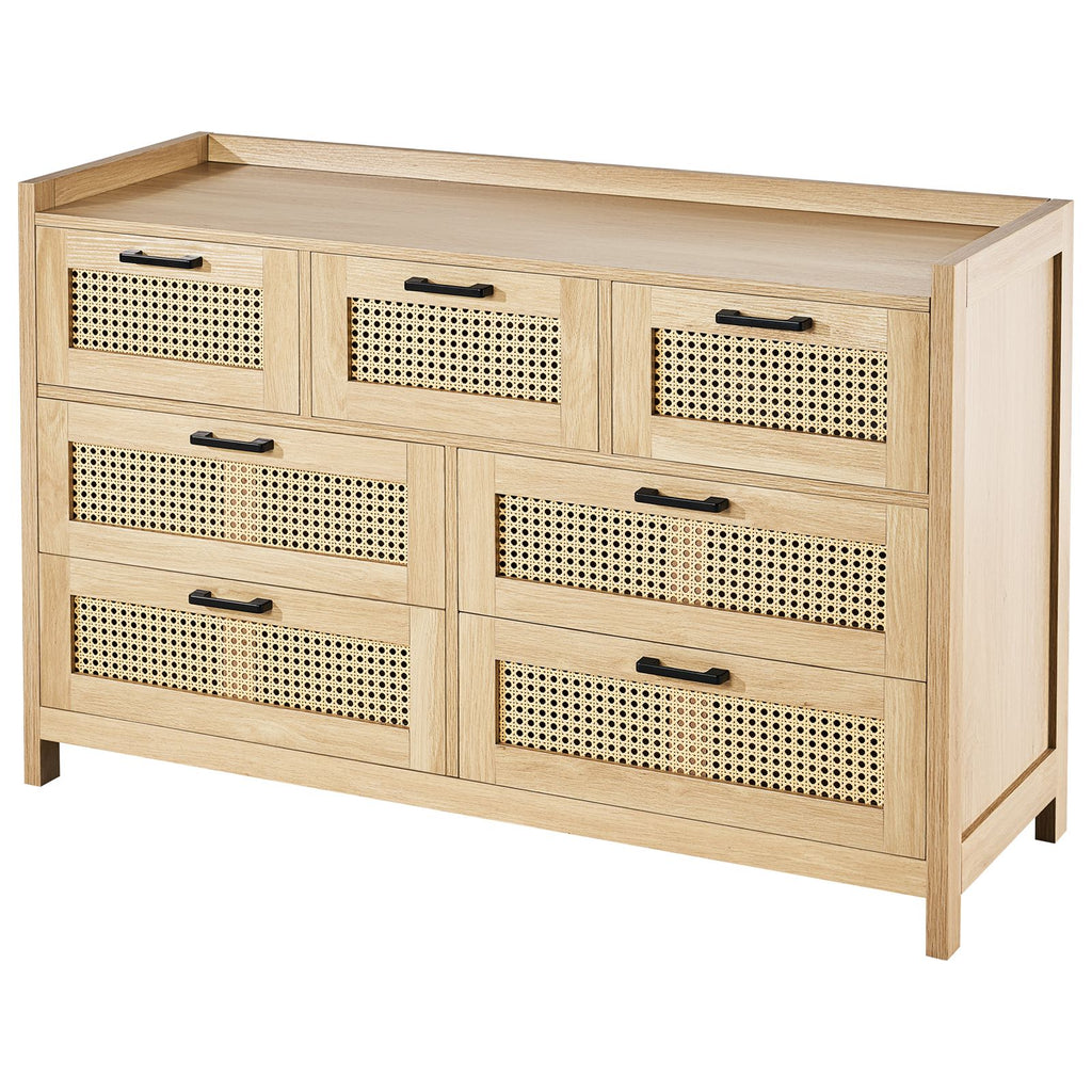 7 Drawer Rattan Dresser, Natural Rattan Wood Dressers with LED Light, Modern Wood Chest Clothing Organizer & Storage Boho Dresser with Sturdy Handles & Legs, for Bedroom, Living Room & Hallway