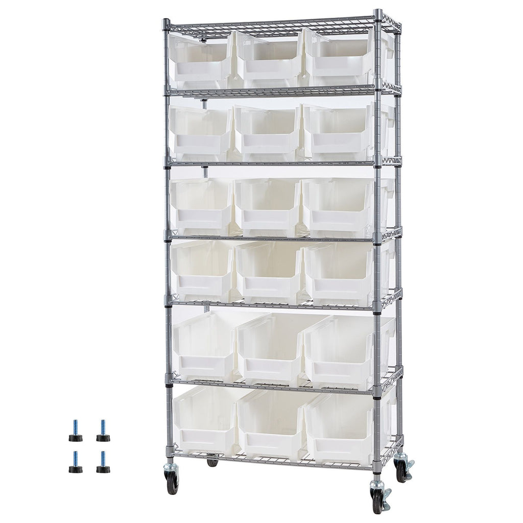 7-Tier Rolling Bin Storage Rack, 18 Organizer Bins, Bin Rack Storage Steel Wire Shelving System with Wheels, Mobile Tool Organizer for Garage, Warehouse, Office, Restaurant, Classroom, Kitchen