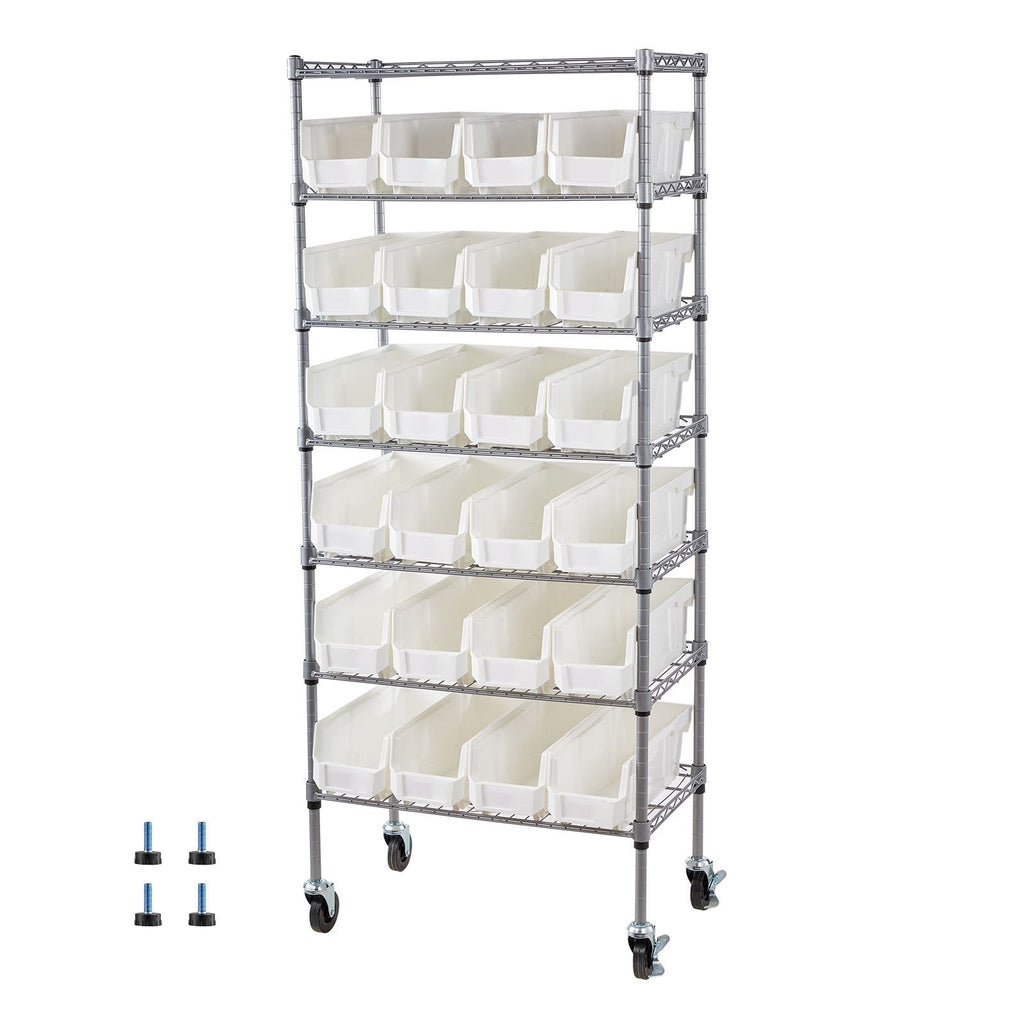7-Tier Rolling Bin Storage Rack, 24 Small Bins, Bin Rack Storage Steel Wire Shelving System with Wheels, Mobile Tool Organizer for Garage, Warehouse, Office, Restaurant, Classroom, Kitchen