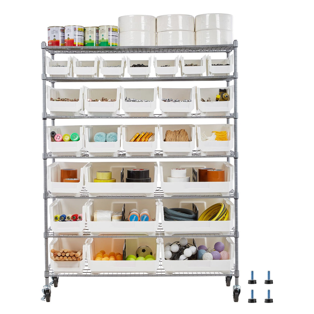 7-Tier Rolling Bin Storage Rack, 26 Organizer Bins, Bin Rack Storage Steel Wire Shelving System with Wheels, Mobile Tool Organizer for Garage, Warehouse, Office, Restaurant, Classroom, Kitchen