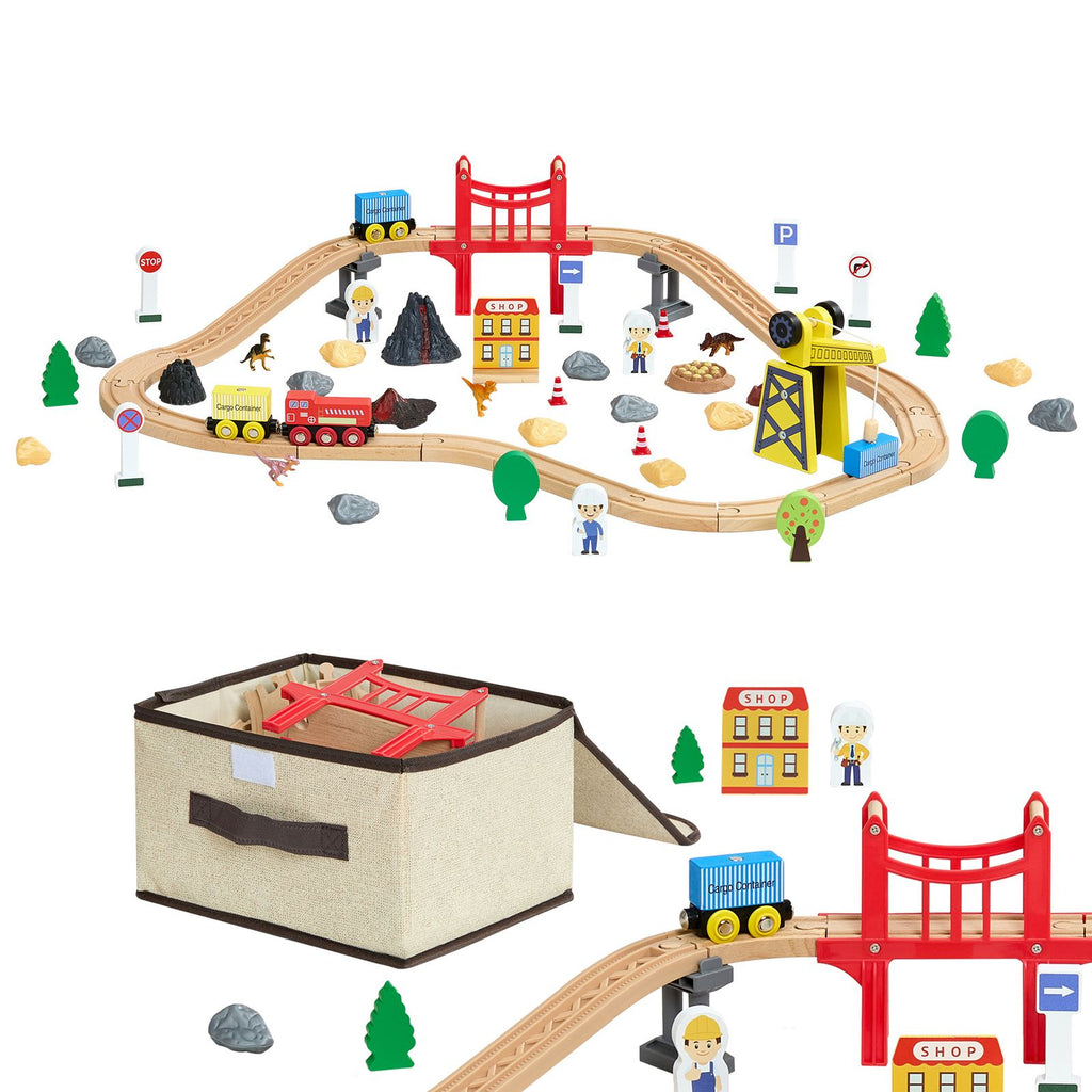 70PCS Wooden Train Set, with Magnetic Crane, Wood Train Track Toy for Kids Ages 3-8, Construction Crane Railway Set, Compatible with Major Brands, Christmas Birthday Toy for Toddlers Boys Girls