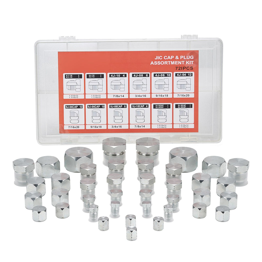 72 PCS JIC Hydraulic Fittings, Heavy Duty Master Industrial Hydraulic Cap and Plug, Hose Tube and Pipe Fitting Kit Cap and Plug Kit Precision Threading in 37° Dash Sizes 4 6 8 10 12 16
