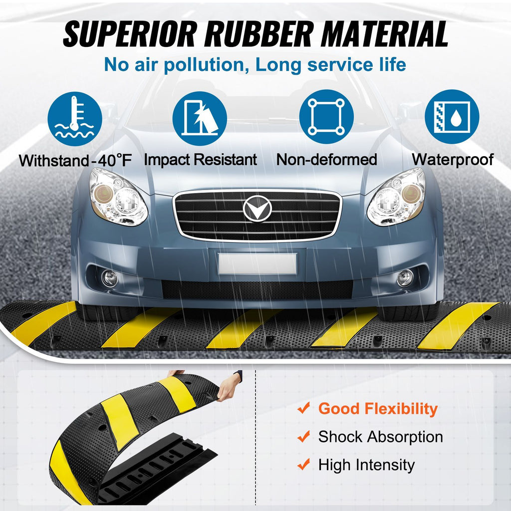 72'' Rubber Speed Bump, Dual Channel, Supports up to 22000 lbs, Durable Traffic Speed Hump with Bright Yellow Reflective Strip, Includes 4 Expansion Screws & Drill for Asphalt, Concrete, Grav image 2