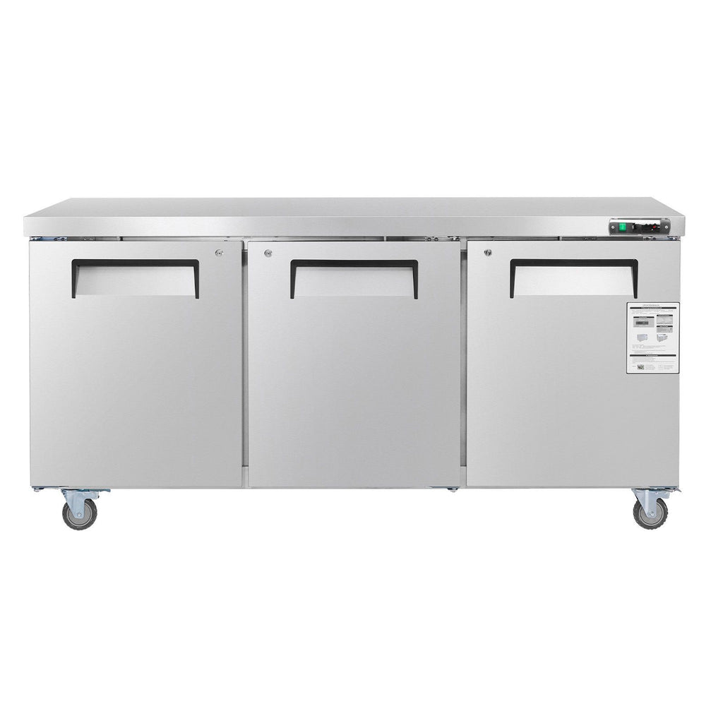 72" W Commercial Freezer, 17.7 Cu.Ft Worktop Freezers Undercounter with LED Auto Lighting and Lockable Door, 3 Doors Food Freezing Prep Worktable, Stainless Steel Prep Frozen Table with Casters