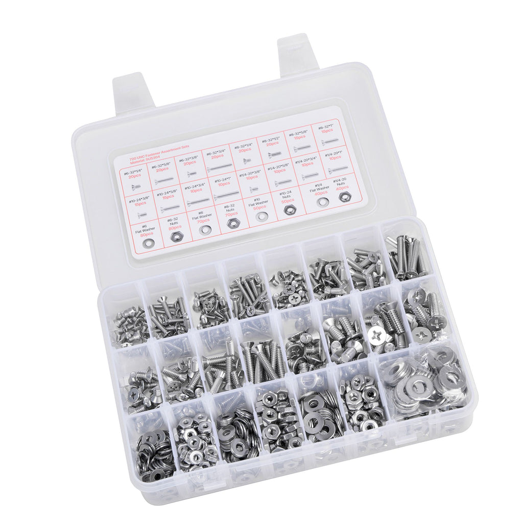 720 Pcs Bolts and Nuts Assortment Kit, Imperial Machine Screws and Flat Washers, Stainless Steel 6-32,8-32,10-24,1/4-20, for Furniture /Equipment/Vehicle Assembly, Silver