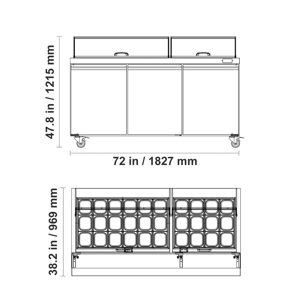 72"W Commercial Refrigerator, 18.7 Cu. Ft Sandwich Prep Refrigerated Table, Mega Top Food Prep Fridge with 30 Pans and Cutting Board, Stainless Steel Salad Prep Cooler for Restaurant, Food Truck