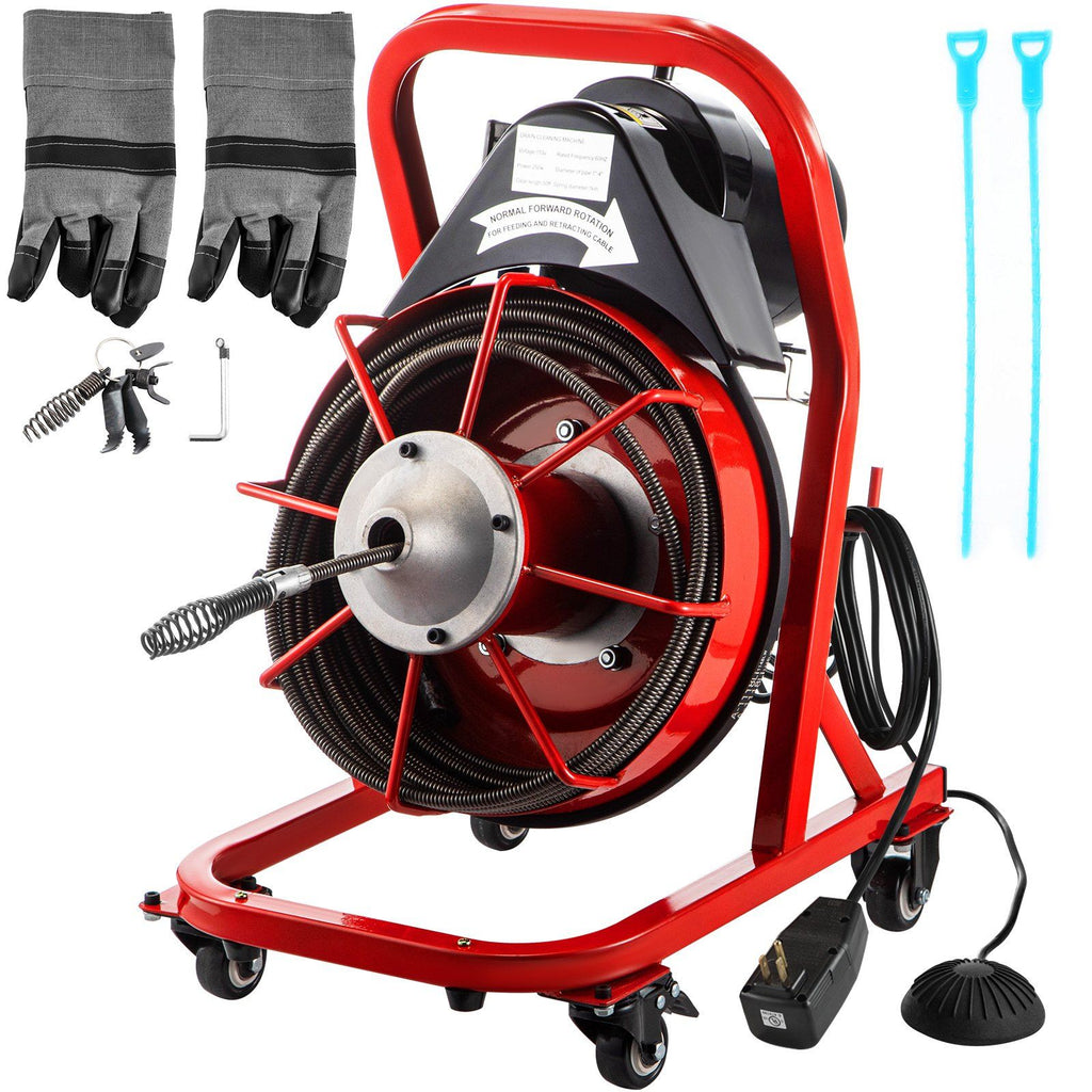 75FT x 3/8 Inch Drain Cleaning Machine, 250W Electric Drain Auger on Wheels, Portable Sewer Snake Auger Cleaner with Cutters & Air-Activated Foot Switch for 2" to 4" Pipes, Black, Red
