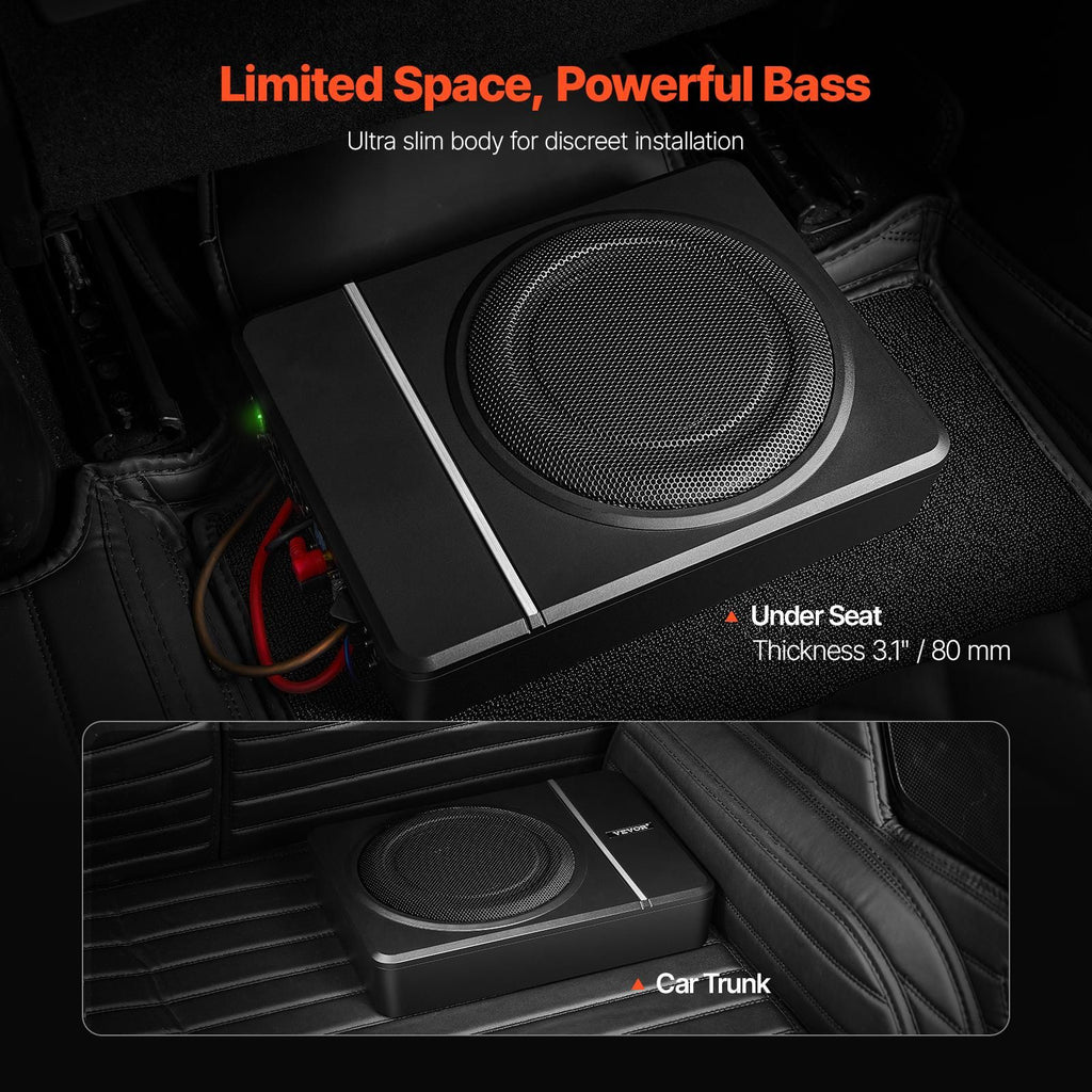 8" 240W Underseat Car Subwoofer, Slim Powered Car Subwoofers Under the Seat, Low Profile Audio Sub Built-in Amplifier, High/Low Level Input & Volume Controller for SUVs, Car, Truck, RV