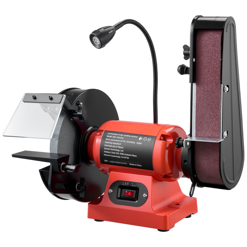 8" Bench Grinder & 2" x 28" Belt Sander Combo, 350W Professional Grinding Sanding Machine with LED Work Light & Protective Eye Shield for Metalworking, Woodworking, Knife Sharpening