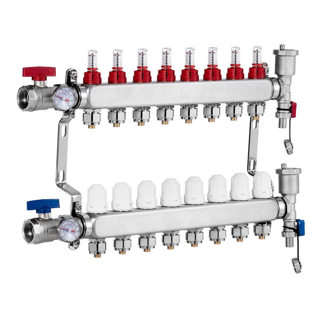 8-Branch Radiant Heat Manifold, 1/2" PEX Tubing Manifold, Stainless Steel PEX Manifold for Hydronic Radiant Floor Heating, Radiant Heat PEX Manifold Kit with 1/2" Adapters Included