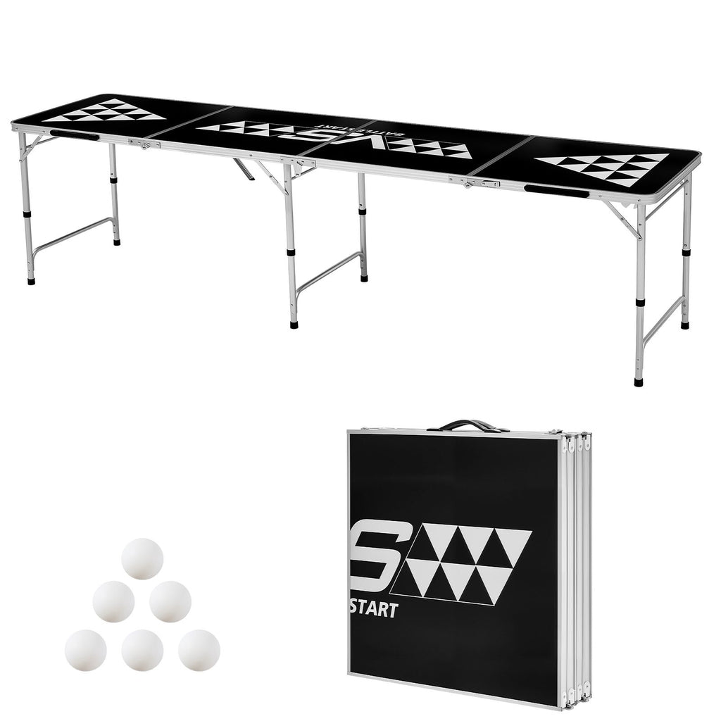 8 Foot Portable Beer Pong Table, Foldable Tailgate Table,Carrying Handles and 6 Pong Balls, Adjustable Height, Lightweight Table for Office, Tailgate Party, Travel and Camping, Black