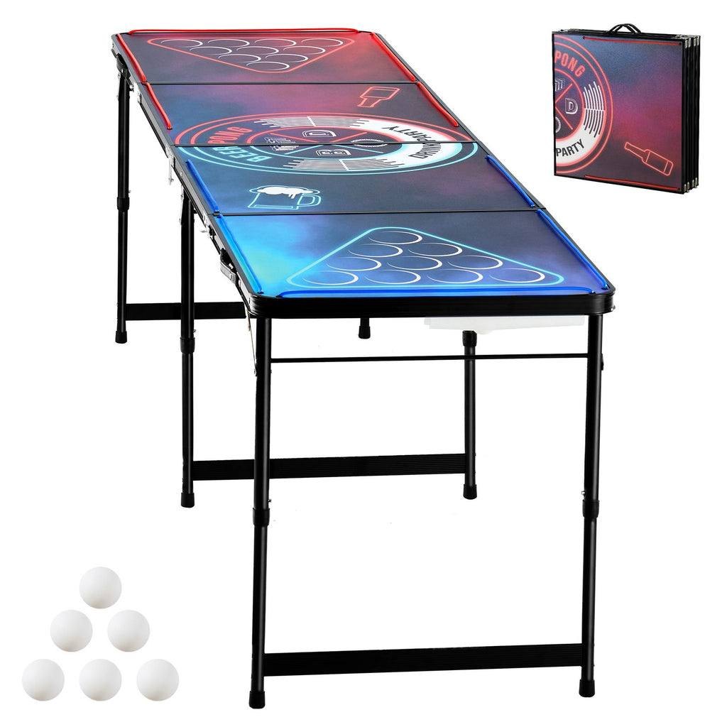 8 Foot Portable Beer Pong Table, LED Lights, Foldable Tailgate Table with Carrying Handles and 6 Pong Balls, Adjustable Height, Lightweight Table for Office, Tailgate Party, Travel & Camping