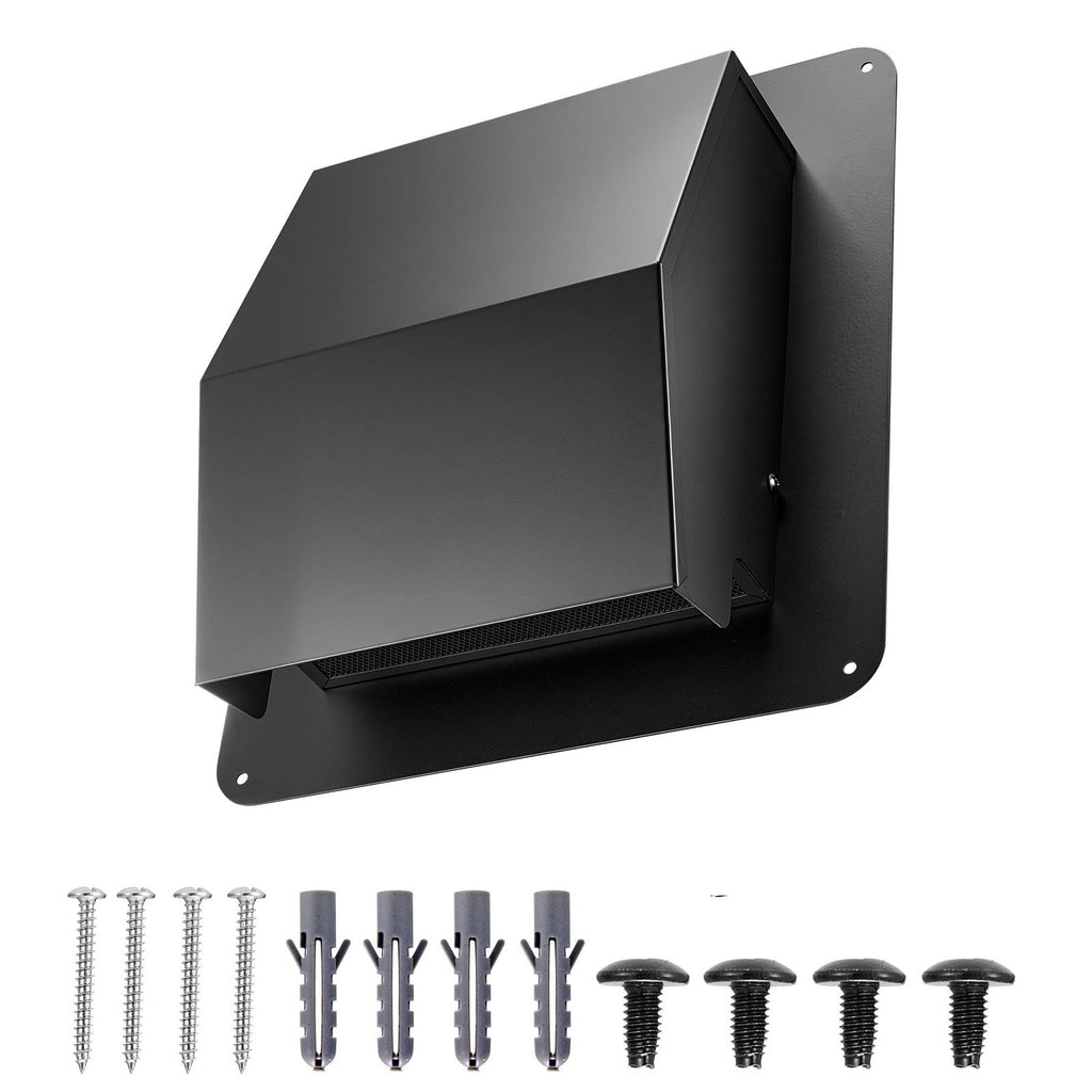 8 inch Hooded Wall Vent Cover, Square AC Vent Gable Cover, Premium SPCC Steel & with Built-in a Protection Screen, for Roofs,Walls,Outside Duct Exhaust Outlets (1 Pack, Black)