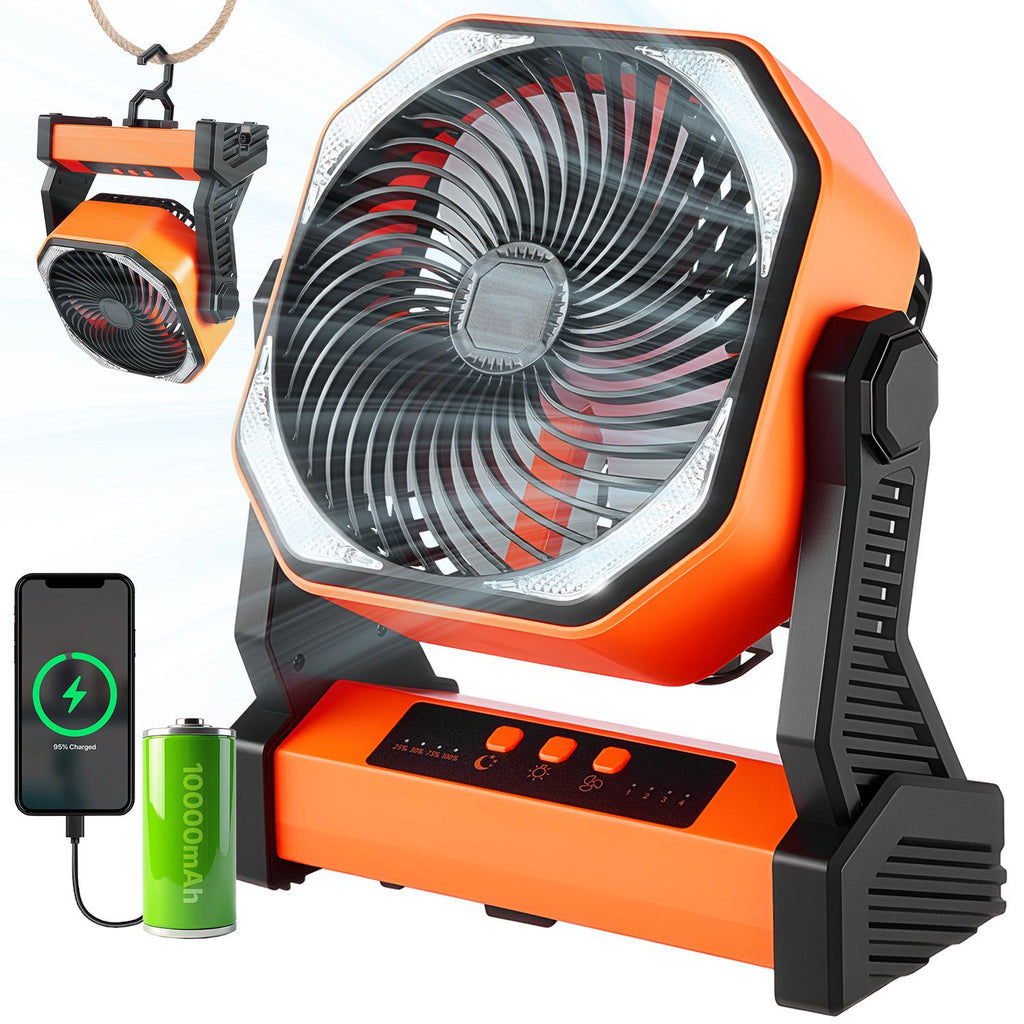 8 inch Rechargeable Camping Fan, Battery Operated with Light & Charging, 4 Speed Portable Outdoor Desktop Fan, 270-degree Manual Tilt for Tent, RV, Car, Travel, Jobsite & Hurricane Power Outages