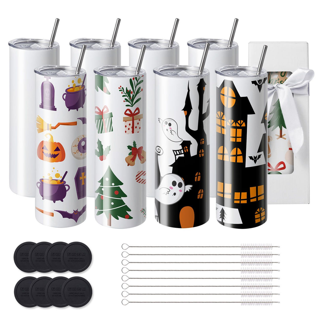 8 Pack 30 Oz Sublimation Tumblers, Skinny Straight Stainless Steel Blanks Cups, Stainless Steel Double Wall Tumbler for Heat Transfer Customized Gifts with Lid and Straw, Gift Box