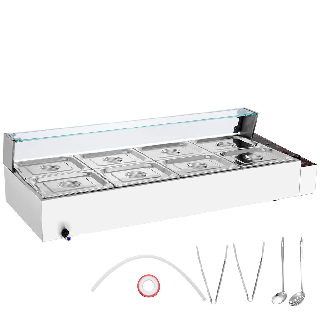 8-Pan Commercial Food Warmer, 8 x 8QT Electric Steam Table with Glass Cover, 1700W Countertop Stainless Steel Buffet Bain Marie 86-185 Fahrenheit Temp Control for Catering, Restaurants, Silver