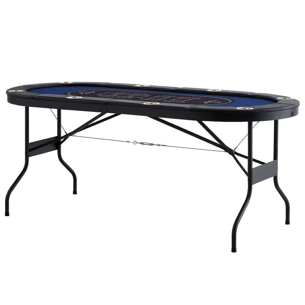 8 Player Foldable Poker Table, Blackjack Texas Holdem Poker Table with Padded Rails and Stainless Steel Cup Holders, Portable Folding Card Board Game Table, 72" Oval Casino Leisure Table, Blue