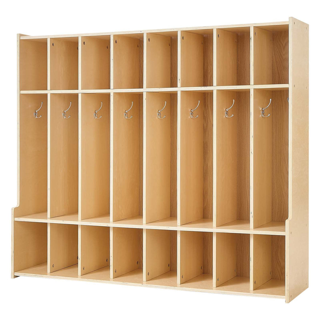 8-Section Kids Coat Locker, Wooden Toddler Cubby Storage Organizer with 16 Hooks & Anti-Tip Kit, Modern Kid Coat Cubbies with 16 Small Open Storage Boxes for Home, Kindergarten, Daycare, Natural