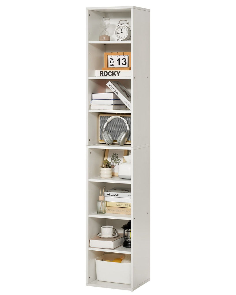 8 Tiers Narrow Bookshelf, 71 in Wooden Tall Open Bookcase with Height-Adjustable Shelf, Freestanding Display Storage Floor Bookcase Bookshelf for Library, Bedroom, Living Room, Office, White