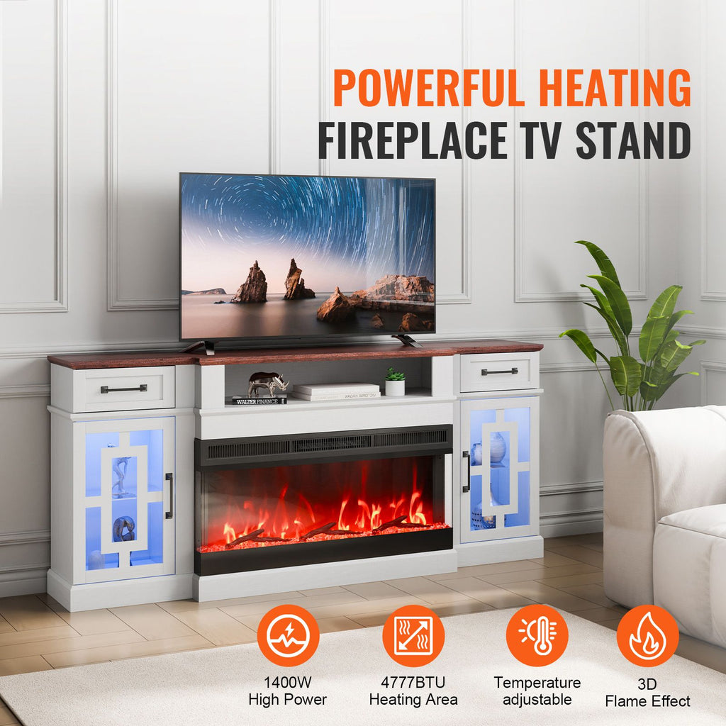 80" Fireplace TV Stand, Media Storage Corner with 36" Fireplace, Storage Drawers & Cabinets, Vintage TV Console Table with 20 LED Lights, Remote Control & Timer for Living Room, Brown & White image 2