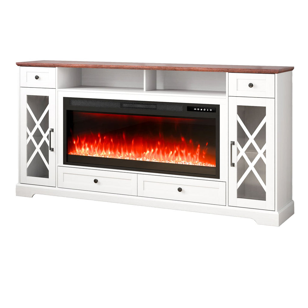 80" Fireplace TV Stand, Media Storage Corner with 42" Fireplace, Storage Drawers & Cabinets, Pastoral TV Console Table with 20 LED Lights, Remote Control & Timer for Living Room, Brown + White