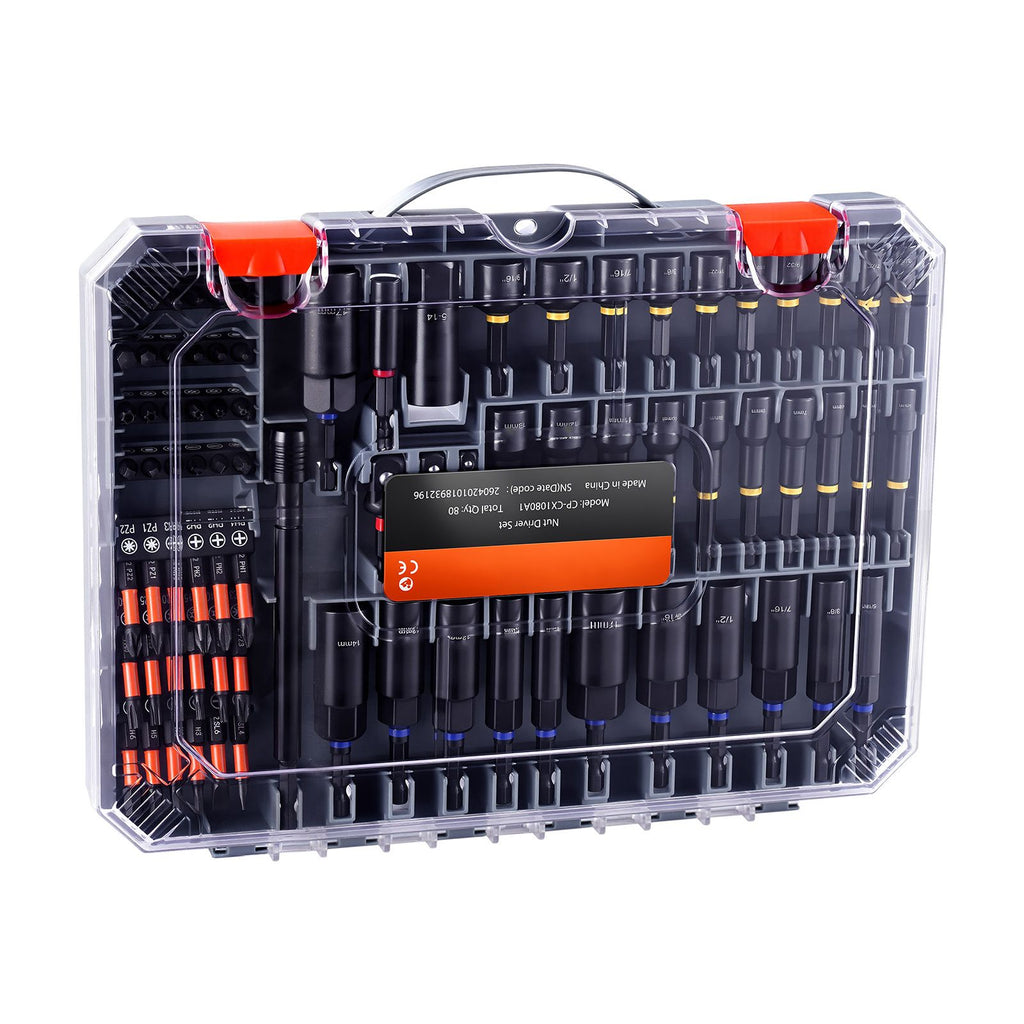 80-Piece Premium Magnetic Impact Nut Driver Set, Metric & SAE Sizes, with Socket Adapters, Bit Holder, Wing Nut Driver, Universal Sockets, Quick Release Extension, Power Bits, Storage Box