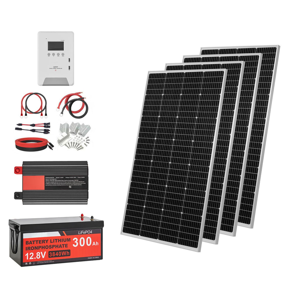 800W 12V Complete Solar Power Kit, 4*200W Monocrystalline Solar Panels + 12.8V 300Ah LiFePO4 Battery + 60A MPPT Charge Controller + 2000W Power Inverter for Home, Small Farm, Cabin, Off-Grid