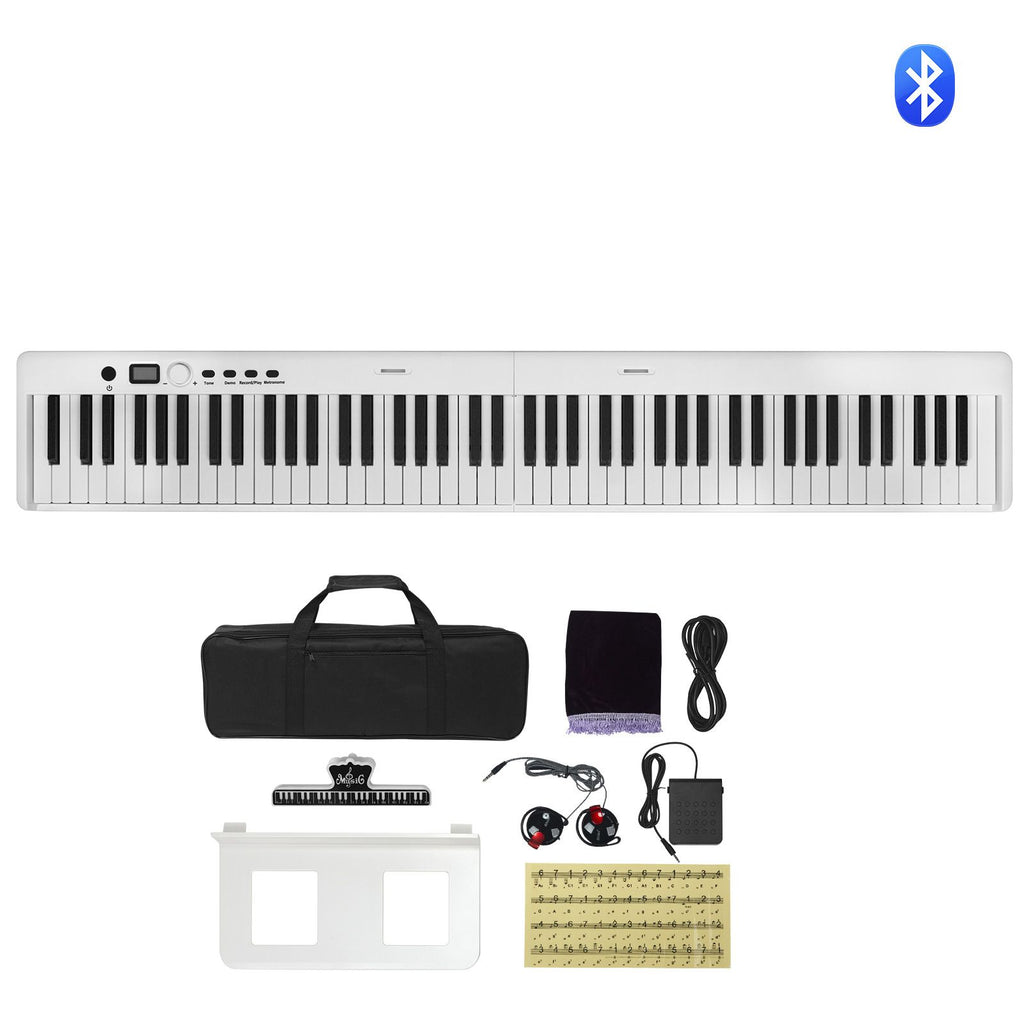 88 Key Folding Keyboard Piano, Bluetooth & MIDI, Portable Electronic Digital Foldable Piano with Sustain Pedal Bag Touch Sensitive Keys Headphones, Rechargeable for Beginners Teens Adults, White