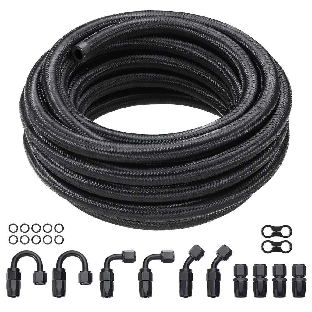8AN Fuel Line Kit, 20 FT Fuel Hose Kit, 0.43" Nylon Stainless Steel Braided Fuel Line Oil/Gas/Diesel Hose End Fitting Kit, with 12 PCS Swivel Fitting Adapter Kit, Black