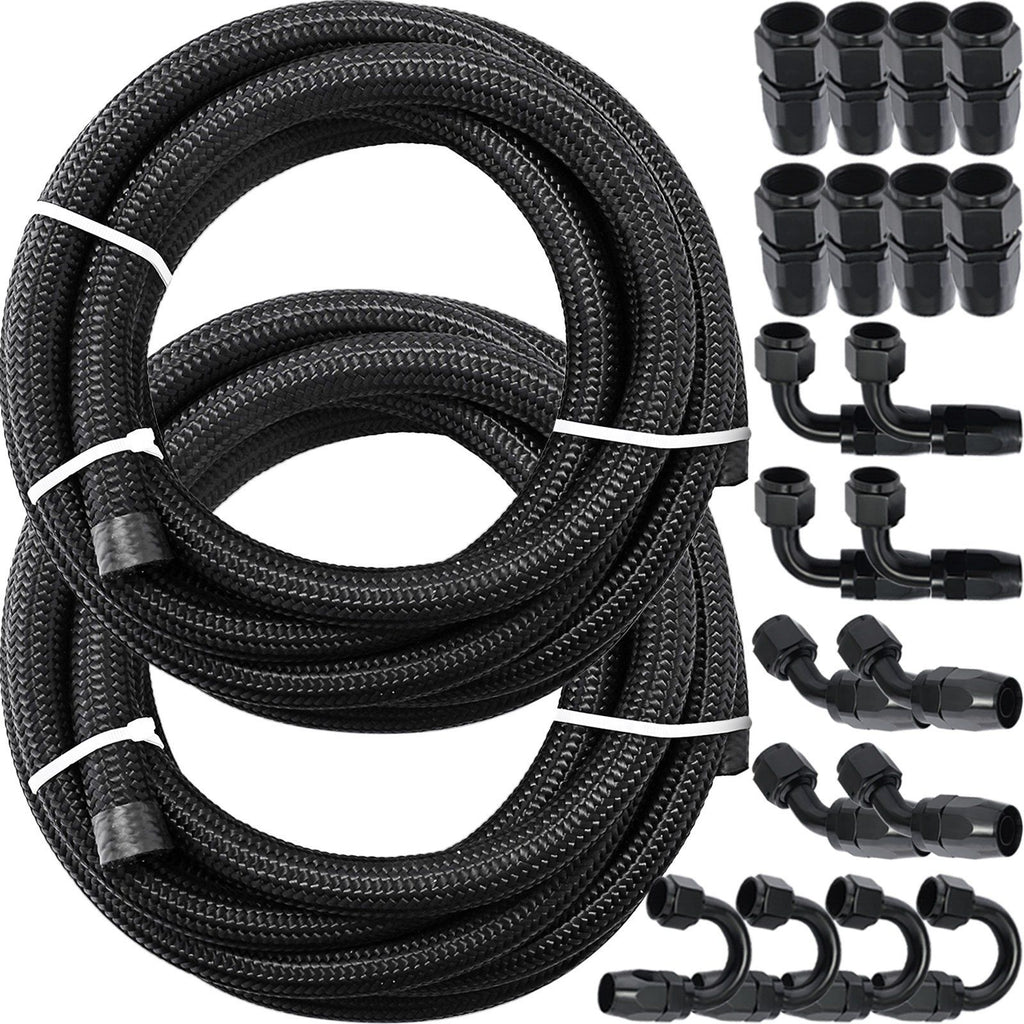 8AN Fuel Line Kit, 32.8' Nylon Stainless Steel Braided Oil Line Hose ID. 11.11 mm/ 0.44 in, with 20 pcs 8AN Universal Fitting Adapter Set with Aluminum Hose End, Black