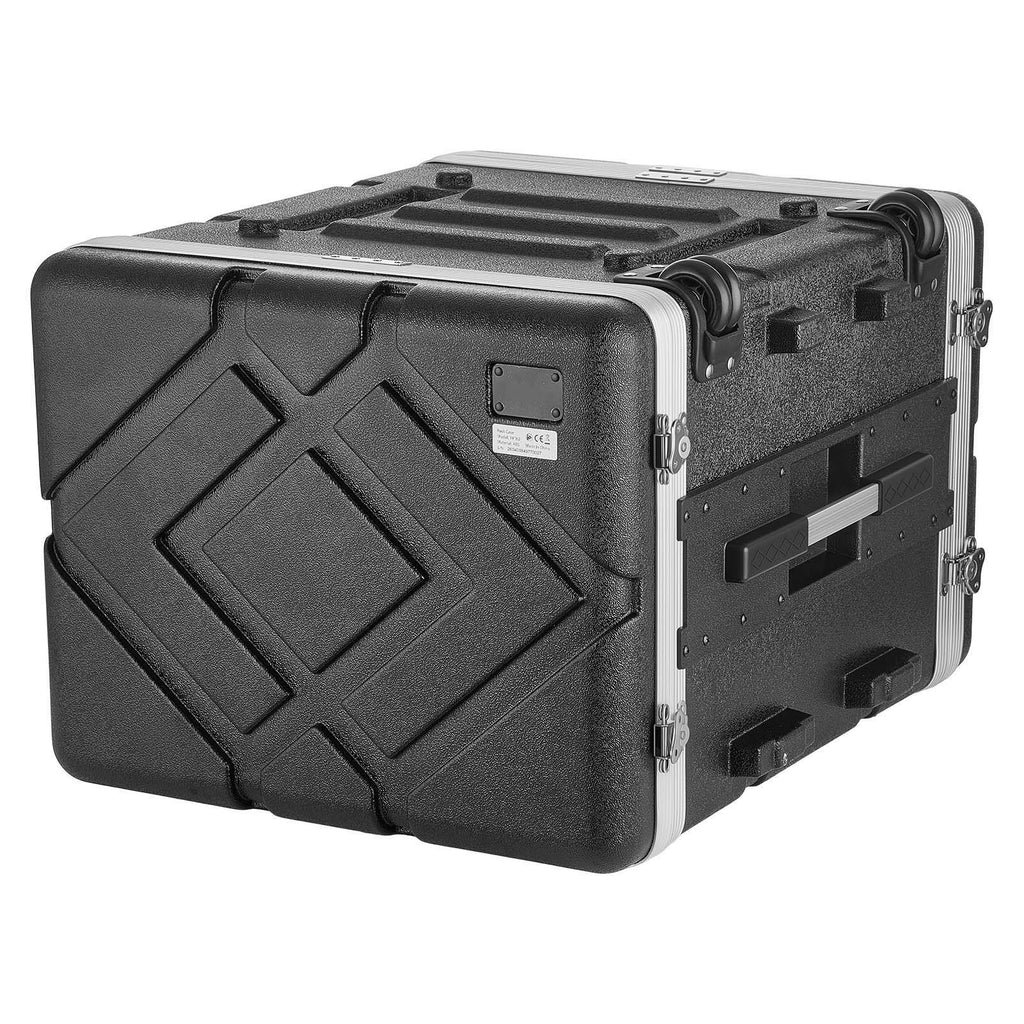 8U Rack Case, Standard 19 in Depth, Rolling Server Cabinet with Wheels, ABS Construction, Retractable Handle, Latches, for Amplifier (7U Rack Space + 1U Wheel Space), 18.4 in Internal Depth