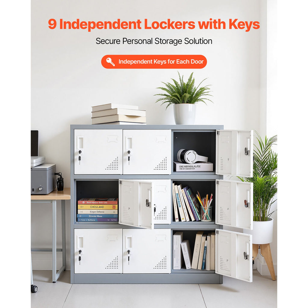 9 Doors Metal Locker, Lockable Steel Storage Cabinet, 66 lbs Loading Capacity, 2 Keys for Each Door, 3 Tiers Employee Lockers for Office, School, Gym, Easy Assembly, 35.4 x 17.7 x 37 in, Gray image 2