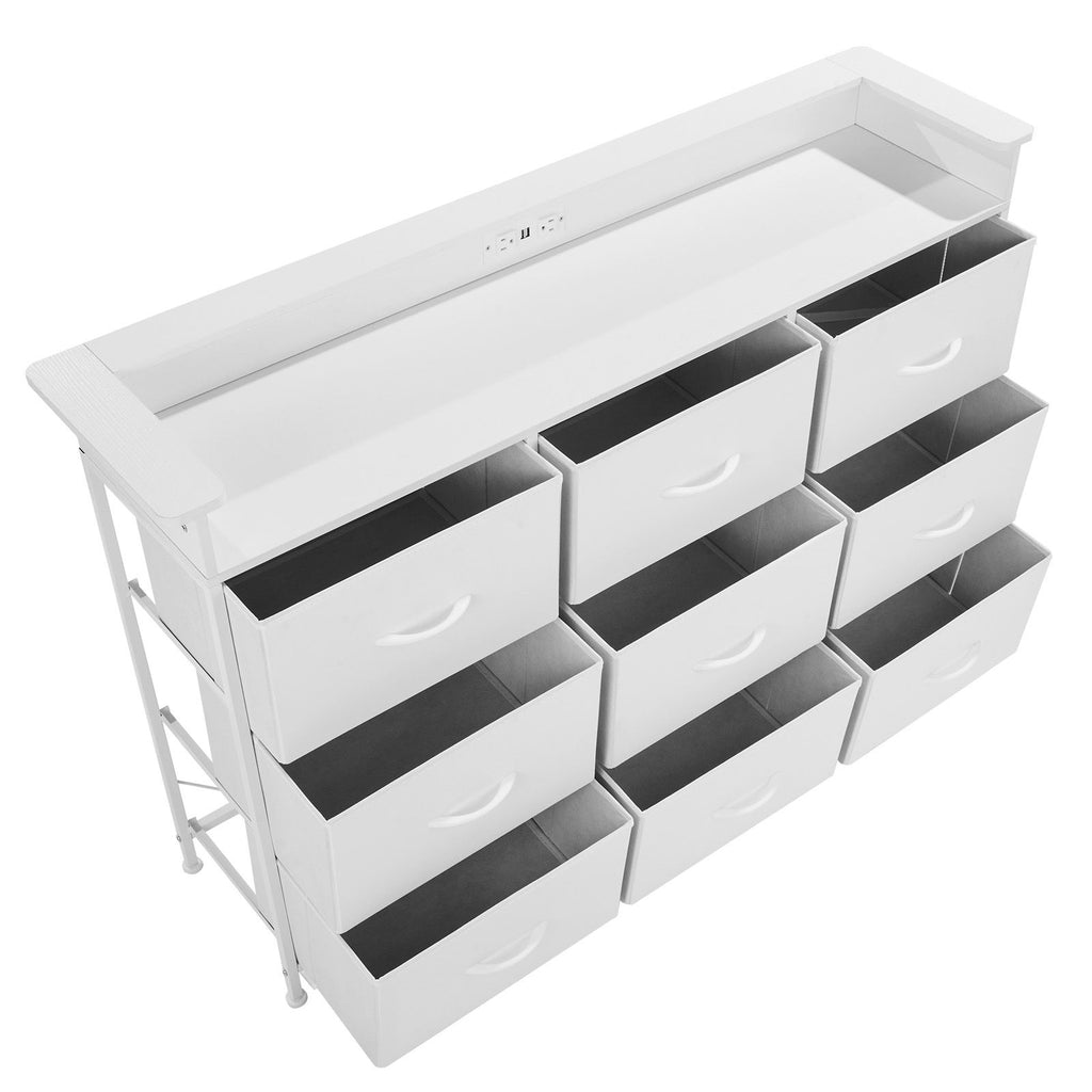 9 Drawer Dresser, Tall Drawer Dresser with Fabric Bin, Closet Storage Drawers with Sturdy Metal Frame, LED Lights & Built-in Outlet, Fabric Storage Tower for Bedroom, Hallway, Closet, White