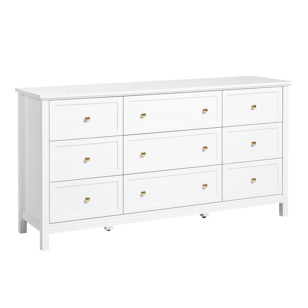 9 Drawer Dresser, Wooden Chest of Drawers with Sliding and Anti-tip Device, Retro Minimalist Dresser Chest, Closet Storage TV Stand Organizer for Living Room, Hallway, Bedroom, Entryway, White