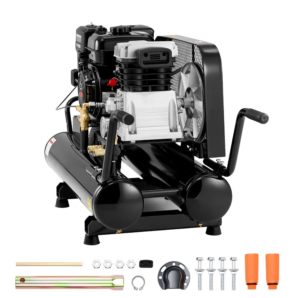 9 Gallon Twin-Tank Gas Powered Air Compressor, 6.5HP 9CFM Gas Driven Air Compressor Tank on Wheel, Max 115PSI Piston Pump Air-Compressed System for Tire Inflation, Auto Repairs, Spray Painting