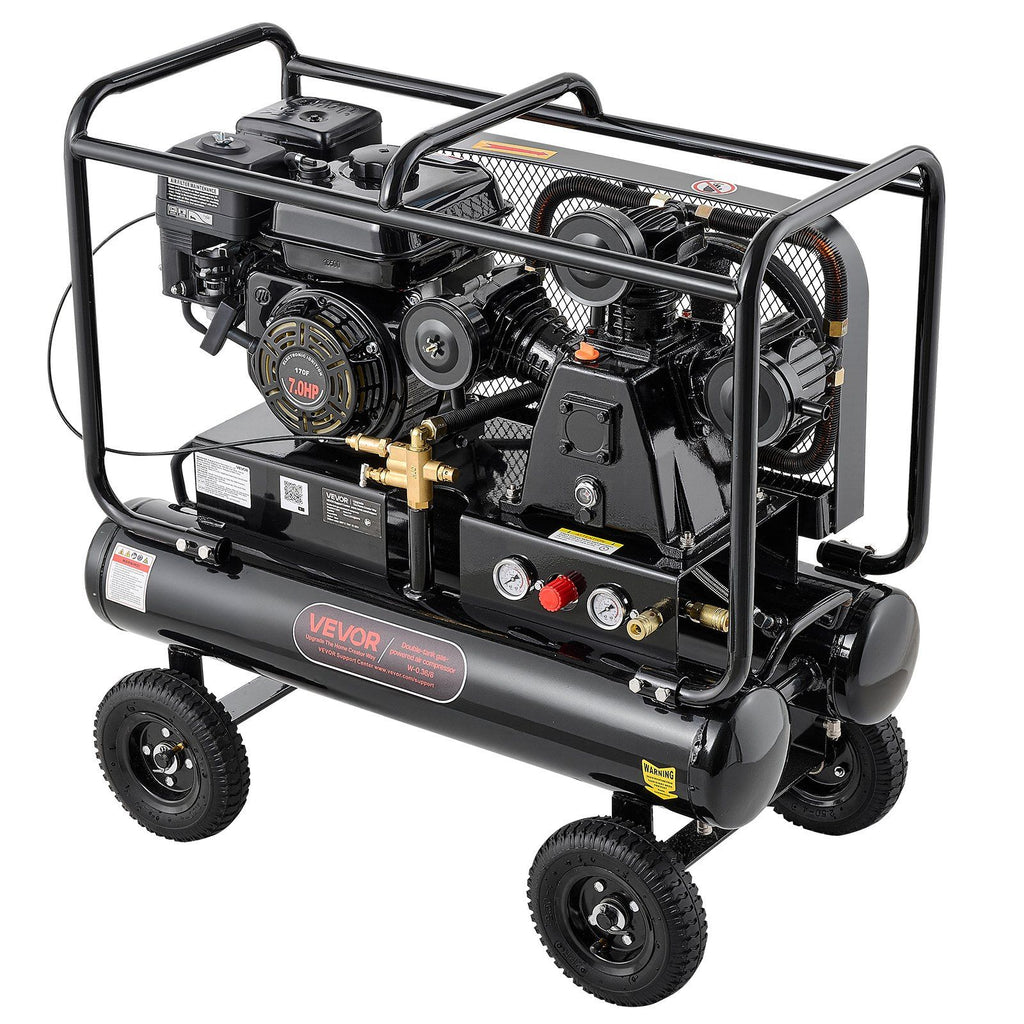9 Gallon Twin-Tank Gas Powered Air Compressor, 7HP 6.2CFM at 90PSI Gas-Driven Air Compression System with Three-Cylinder Piston Pump, 115 PSI Max Pressure & 4 Wheels for Workshops (4.5 Gal x 2)